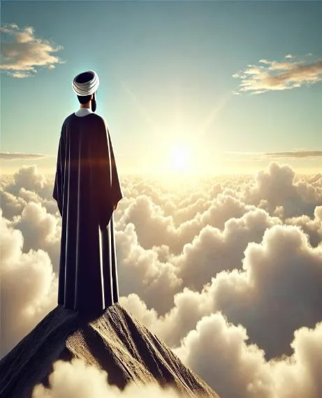 A figure ascending a stairway rising through the clouds towards the sunrise